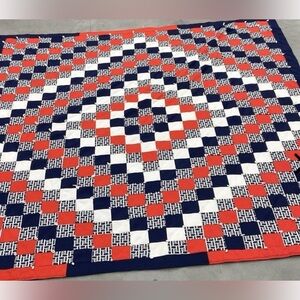 Blue, White & Red Diamond Wave Textile Quilt (74.5in x 81in)